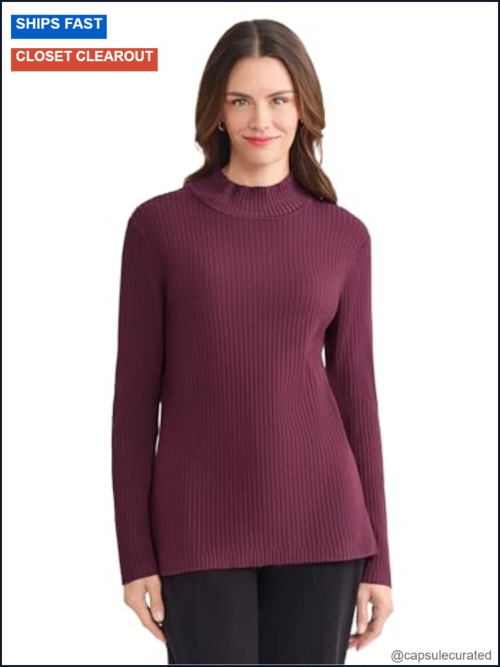 Long Sleeve Mock Neck Ribbed Top - Cotton Blend Pullover